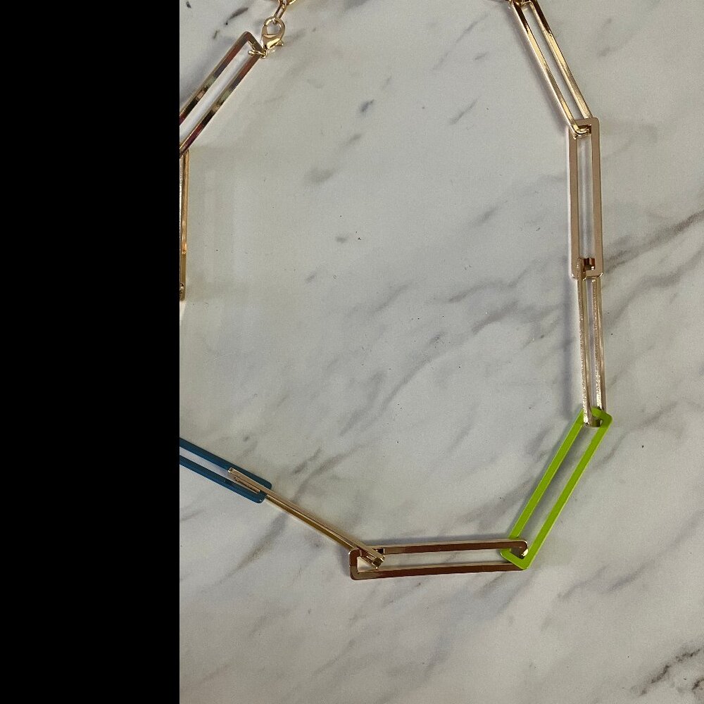 Open Edit Gold Green Blue Paperclip Necklace NWOT